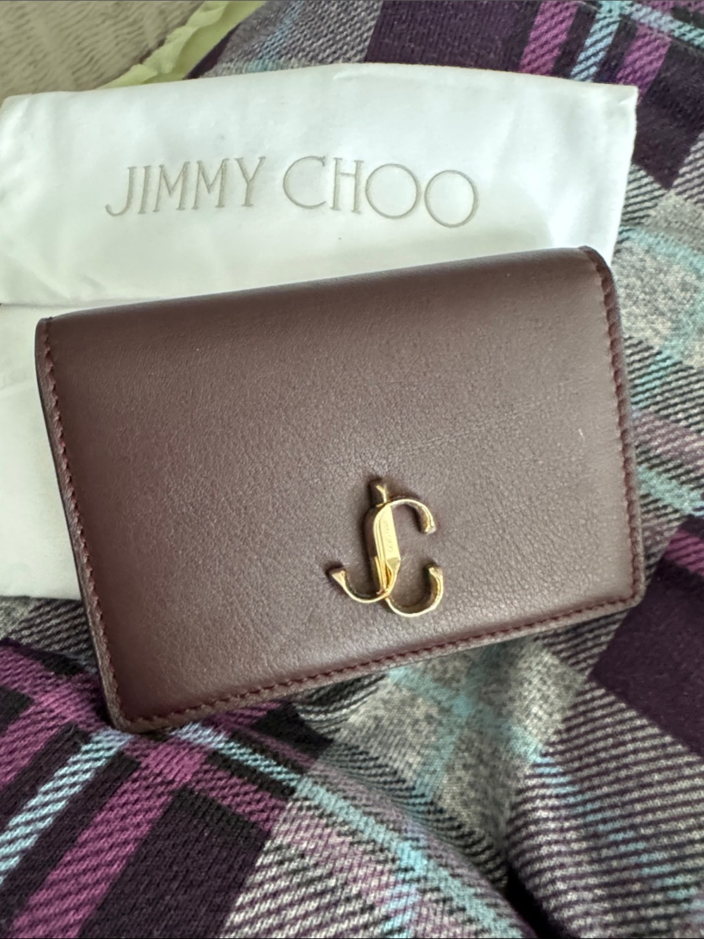 Jimmy Choo Chocolate Brown Leather Card Wallet with Gold JC Emblem